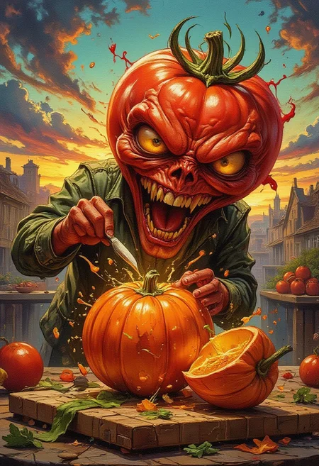 horror, monster, nightmare, fear, illustration, watercolor,
#pastel, #dry chalk drawing, #chalk on paper, #chalk shading, #chalk drawing, #colored chalk drawing, shading, Mesmerizing painting depicting a masterpiece, best quality, Menacing anthropomorphic tomato in rage, with a juicy one attacking a pumpkin on a cutting board, splashes of drops, wide evil grin facing the viewer, contrast between dynamic composition and glowing fluorescent horizon, Angry salad character, comic book style, digital illustration combined with luminism and shadow art techniques, refreshing brightness, magnificent conceptual art presented in high quality, sunlight, fantasy art atmosphere, epic realism