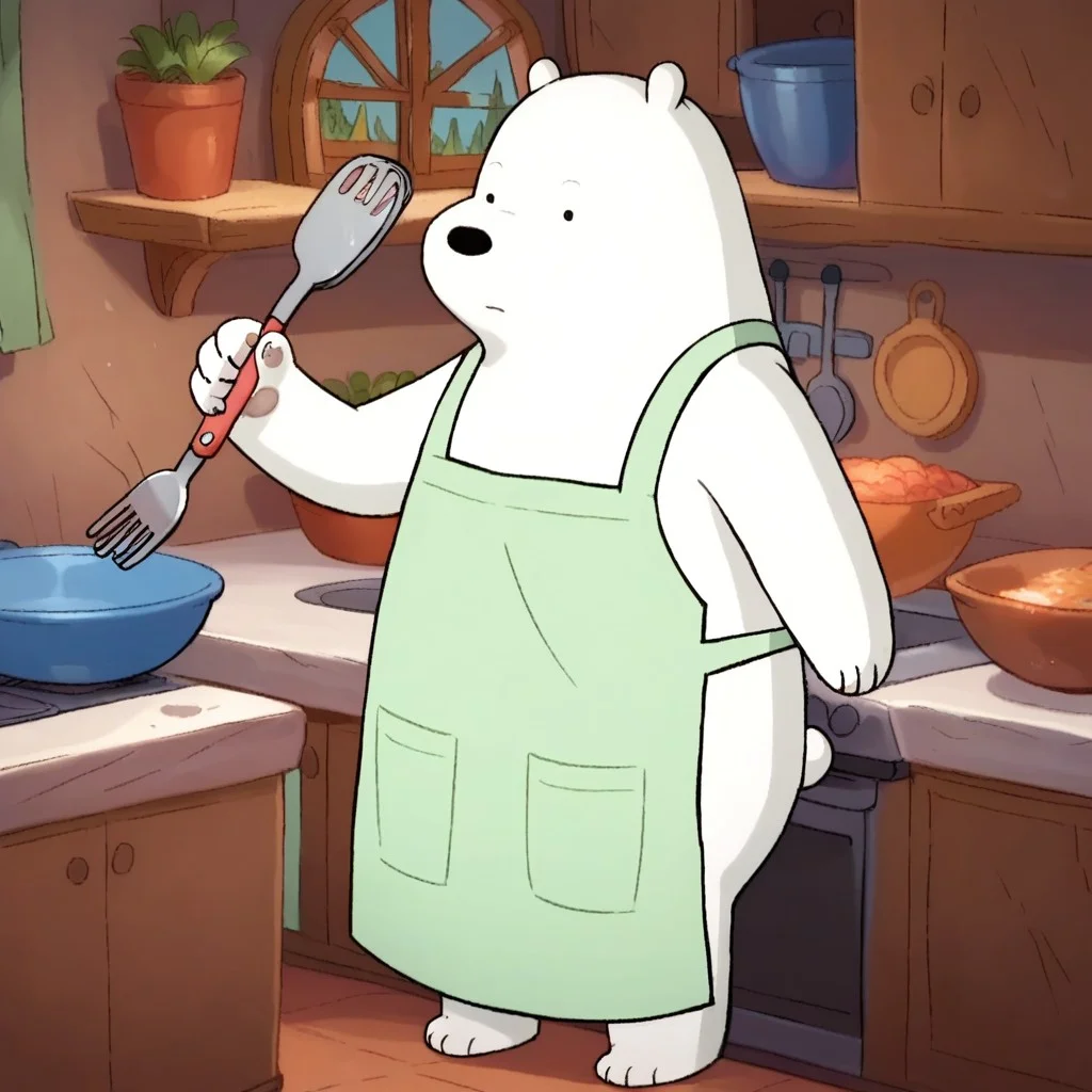 score_9, score_8_up, score_7_up, icebear, male, furry male, anthro, solo, polar bear, white fur, black pupils, black nose, bear tail, paw pads, wearing apron, standing, holding spatula, indoors, kitchen
