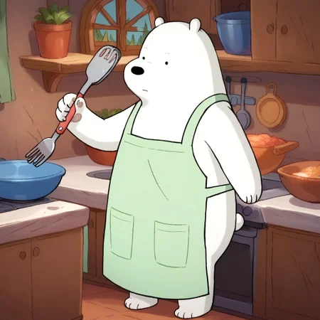 score_9, score_8_up, score_7_up, icebear, male, furry male, anthro, solo, polar bear, white fur, black pupils, black nose, bear tail, paw pads, wearing apron, standing, holding spatula, indoors, kitchen