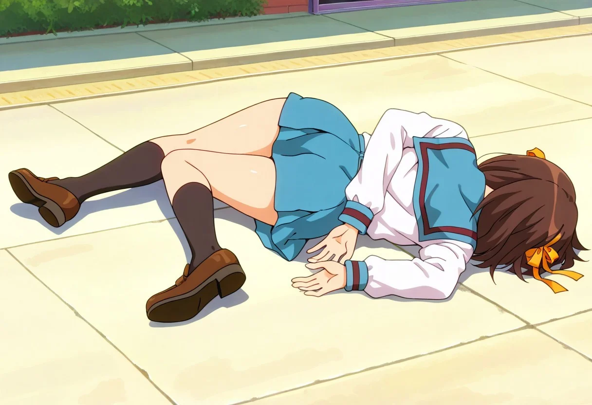 vibrant colors, shiny_skin, masterpiece, BREAK cute, suzumiya haruhi, brown hair, white serafuku, sailor collar, blue skirt, black socks, brown shoes, skinny, japanese urban neighborhood, narrow street, masterpiece, best quality, absurdres, (glossy art style), full body, from behind, lying, on side, facing away, arms behind back, knee up