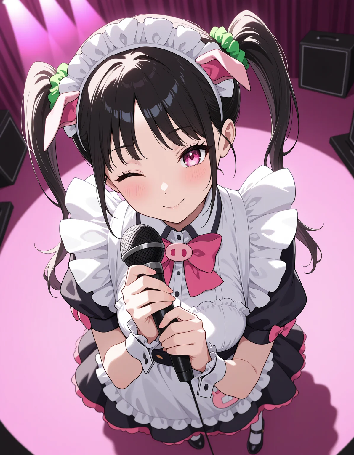 1girl, solo, yumechiAMW, black hair, twintails, green scrunchie, pink eyes, smile, one eye closed, maid headdress, maid uniform, fake animal ears, pig ears, pink bow, wrist cuffs, holding microphone, from above, perspective, indoors, stage, dark theme, volumetric lighting, pink background, masterpiece, best quality, very aesthetic <lora:yumechi_amw_illustrious_v1:0.8>
