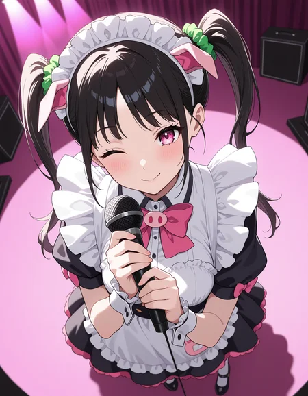 1girl, solo, yumechiAMW, black hair, twintails, green scrunchie, pink eyes, smile, one eye closed, maid headdress, maid uniform, fake animal ears, pig ears, pink bow, wrist cuffs, holding microphone, from above, perspective, indoors, stage, dark theme, volumetric lighting, pink background, masterpiece, best quality, very aesthetic <lora:yumechi_amw_illustrious_v1:0.8>