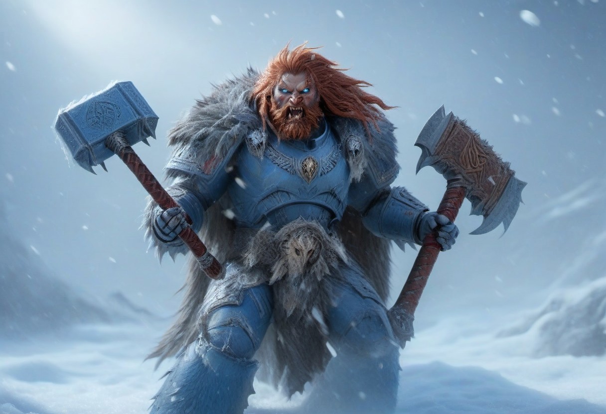 Space wolf, transforming into wolfman, werewolf, wulfen, armour breaking, slashing, turning, slashing, claws, gauntlets breaking, transform, battle, armor breaking, power armor, fur cloak, brown-red hair, beard, braids, mighty, gripping a power axe with a long handle which glows with blue runic energy along the cutting edge, snow, ice, blizzard, battlefield, leaping, glory, charging, fangs bared, swinging axe, high res, claws, fight horde, high def, best quality