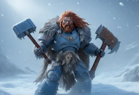 Space wolf, transforming into wolfman, werewolf, wulfen, armour breaking, slashing, turning, slashing, claws, gauntlets breaking, transform, battle, armor breaking, power armor, fur cloak, brown-red hair, beard, braids, mighty, gripping a power axe with a long handle which glows with blue runic energy along the cutting edge, snow, ice, blizzard, battlefield, leaping, glory, charging, fangs bared, swinging axe, high res, claws, fight horde, high def, best quality