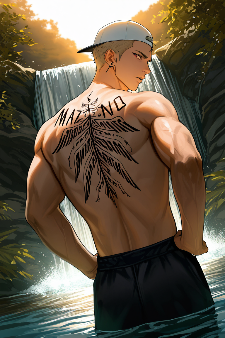 realistic shading, natural lighting, text focus, black_urektg_back tattoo, black_urektg_name on back, male focus, looking back, expressive serious face, urektg, red_urektg_eyes, blonde_urektg_short hair, white_urektg_backwards baseball cap, yellow_urektg_earrings, 1boy, hands on hips, standing, partially submerged, muscular male, shadow, day outdoors waterfall, sunset, water, foreshortening, from behind, dutch angle, dynamic angle, dynamic action, intricately detailed illustration, cinematic, depth of field, atmospheric perspective, masterpiece, best quality, amazing quality, very aesthetic, absurdres, newest