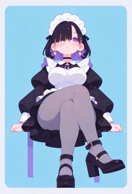 masterpiece, best quality, good quality, very aesthetic, absurdres, newest, 8K, viewed from below, legs focus, legs awe, full body, perspective, BREAK
side portrait of stunning girl sitting, legs crossed, bangs, black hair, bobcut hair, purple eyes, choker, hair over one eye, (rimless big round glasses), large breasts, earrings, ear pierces, ultra detailed decorative victorian gossamer clothes, very short tight black maid dress, maid apron, multi colored hair, grey tights, black pumps,
simple pastel turquoise background with thick white border,
directional lighting, BREAK half closed eyes, blushing, unfocused eyes, slightly parted lips, distant gaze, emotionless look,
chubby legs, thick legs, skindentation, thick ankles,
ultra-realistic, Flatline, Flat vector illustration, haiz_ai, no lineart, no outline,
pplegs,
<lora:haiz_ai_illu:0.8> <lora:flatline:1.65> <lora:ponyv6_noobE11_2_adamW:0.25> <lora:Slider-LimbWidth:1.5> <lora:Slider-LegLength:-1.5> <lora:v0.04_Concept_pony:0.29>