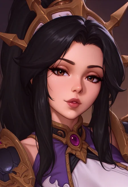 artist:Konya Karasue, masterpiece,amazing quality, ,looking at viewer, half body portrait,close-up, chromatic aberration, eye focus, kissing screen, 
 1girl, solo, xli-mingx,35 years old,  milf, mature,black hair, long hair, high ponytail, brown eyes, , headdress, armor, shoulder armor, cropped jacket, collar, halterneck,