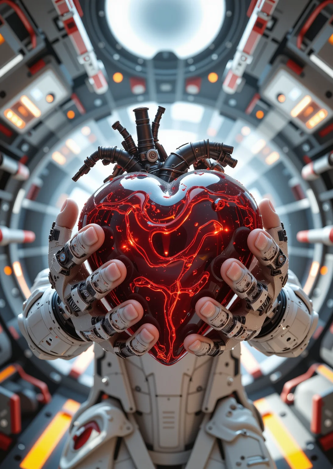Close-up. The heroine of a space sci-fi action movie holds a huge high-tech biomechanical heart in her hands. Five fingers on each hand. The cabin of a spaceship. Rays of light. Lots of small details. Photorealism., <lora:aidmaMJ6.1-FLUX-v0.5.safetensors:0.6:0.6> <lora:flux.1_lora_flyway_Epic-Characters_v1.safetensors:0.6:0.6> <lora:Hand v2.safetensors:0.6:0.6> <lora:aidmaLOVEboost-FLUX-V0.1.safetensors:0.6:0.6>