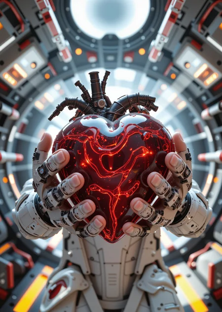Close-up. The heroine of a space sci-fi action movie holds a huge high-tech biomechanical heart in her hands. Five fingers on each hand. The cabin of a spaceship. Rays of light. Lots of small details. Photorealism., <lora:aidmaMJ6.1-FLUX-v0.5.safetensors:0.6:0.6> <lora:flux.1_lora_flyway_Epic-Characters_v1.safetensors:0.6:0.6> <lora:Hand v2.safetensors:0.6:0.6> <lora:aidmaLOVEboost-FLUX-V0.1.safetensors:0.6:0.6>