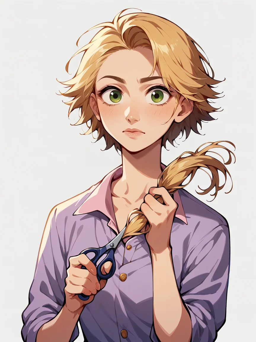 score_9, score_8_up, score_7_up, score_6_up,   <lora:cuth41r2:1> cutting hair, cuth41r, haircut, cut off hair, cutting hair, holding hair, holding scissors, 1girl, Rapunzel