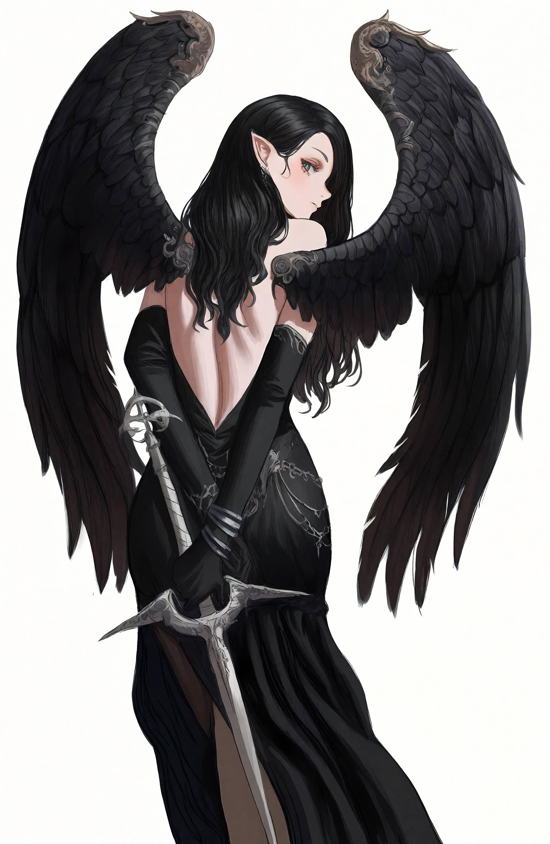 1girl, solo, long_hair, looking_at_viewer, simple_background, black_hair, white_background, gloves, dress, holding, jewelry, weapon, wings, black_gloves, pointy_ears, elbow_gloves, looking_back, sword, holding_weapon, from_behind, black_dress, bracelet, feathered_wings, black_wings