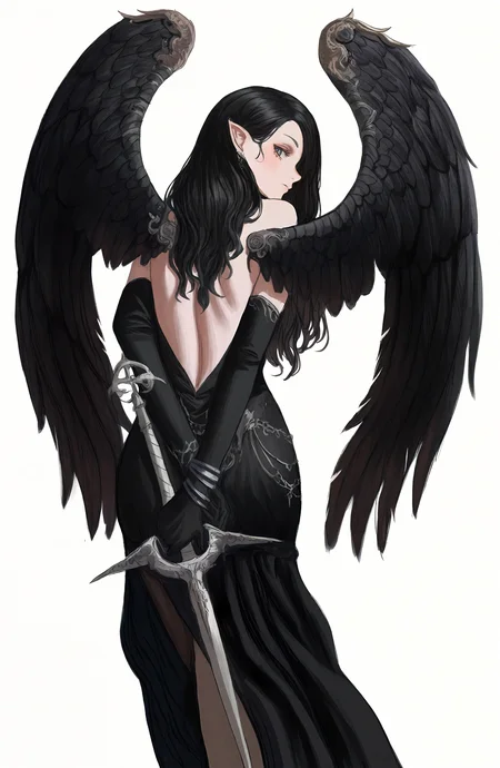 1girl, solo, long_hair, looking_at_viewer, simple_background, black_hair, white_background, gloves, dress, holding, jewelry, weapon, wings, black_gloves, pointy_ears, elbow_gloves, looking_back, sword, holding_weapon, from_behind, black_dress, bracelet, feathered_wings, black_wings