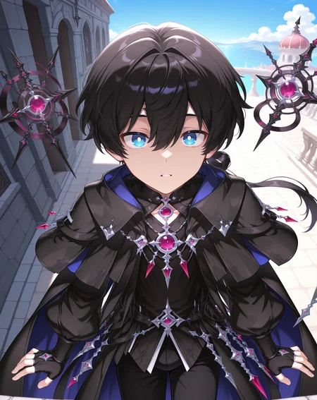 masterpiece, amazing quality, best quality, absurdres, very aesthetic,
1boy, solo, yaoi, male focus, cowboy shot, upper body, looking at viewer, face focus,
<lora:Noah_Morpheus_ilxl:1> noahmo, black hair, hair between eyes, blue eyes, white pupils,
black robe, cloak, puffy sleeves, fingerless gloves, black shirt, black coat, black cape, hair rings, two-sided fabric, black gloves, puffy long sleeves, bridal gauntlets, black pants, toeless legwear, stirrup legwear, bridal legwear,toenails, jewelry, purple gemstone, gem,
floating object, floating weapon,
outdoors, day, blue sky,