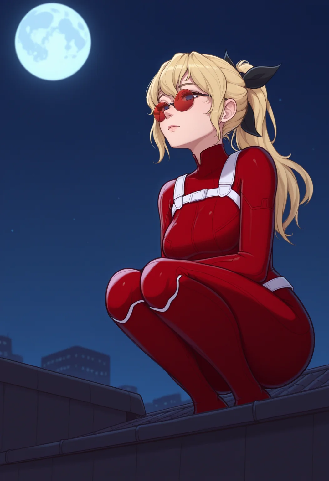 masterpiece, best quality, realistic, 1girl, solo, <lora:NSLillyKatawa:1> NSLillyMisc, blue eyes, blind, no pupils, blonde hair, long hair, ponytail, black ribbon, hair ribbon, daredevil, rooftop, from below, wide shot, squatting, red bodysuit, red-tinted eyewear, oval eyewear, night, dark, full moon
