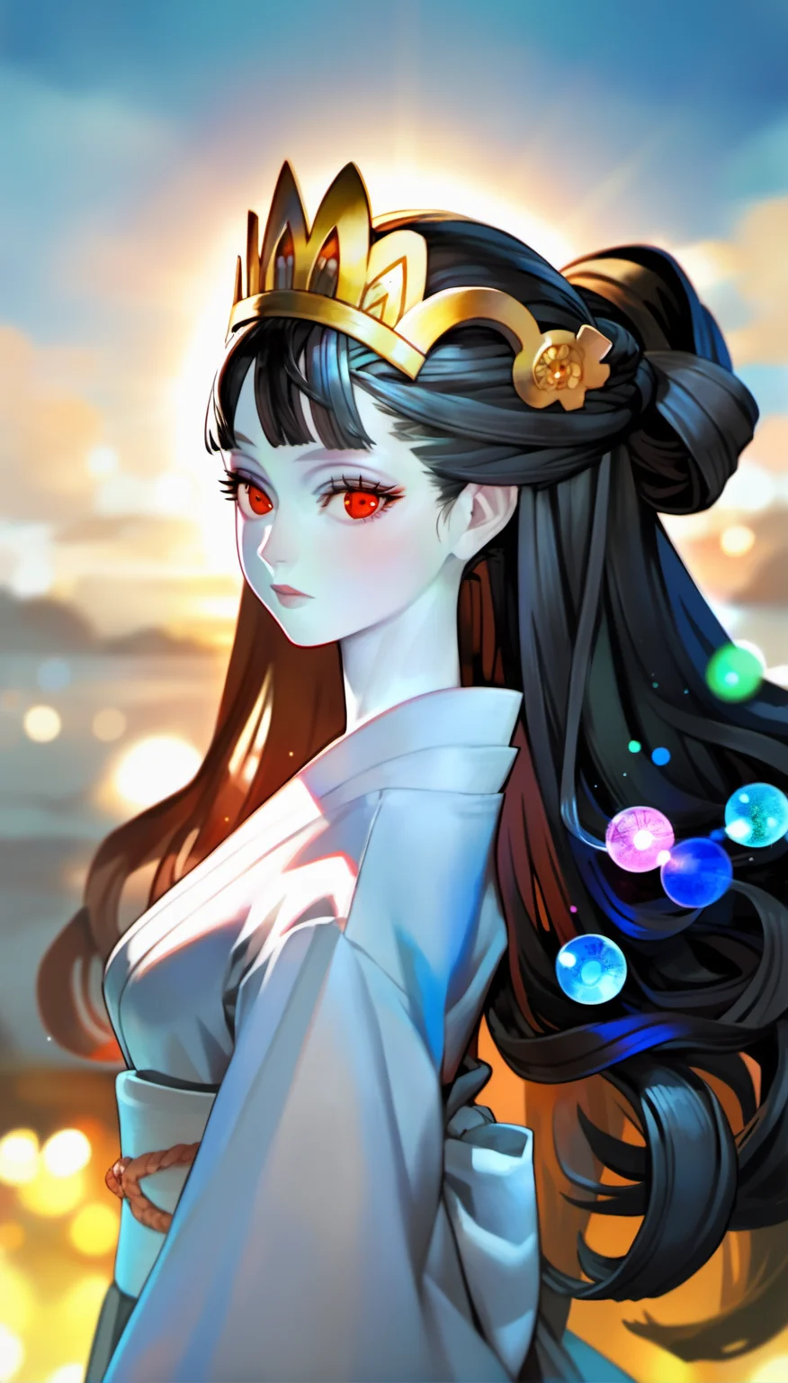 score_9,score_8_up,score_7_up,
<lora:vanillaStyle3:0.9>,
vanillastyle,
1girl,solo,pale skin,black hair,long hair,half updo,blunt bangs,red eyes,looking at viewer,golden headdress,pure white robe, white obi,portrait,face focus,from side,white background,
blurry background,outdoors,blue sky,particle lights,lens_flare,hills,morning,