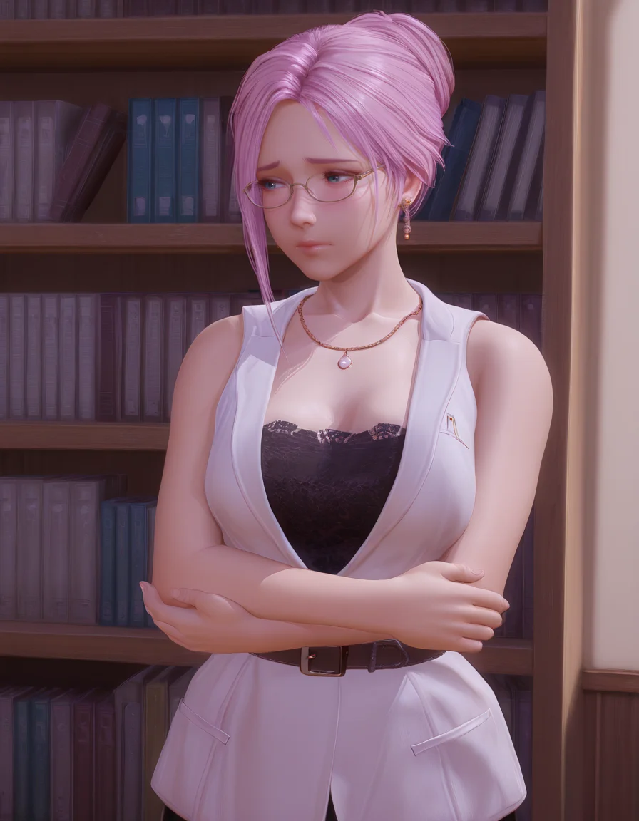 holding own arm, glasses, bookshelf, solo, shy, realistic,
<lora:Elise_vvp_lcd_v0.4:1> elivevvplcd, blue eyes, asymmetrical hair, hair bun, earrings,
strapless long dress, trim lace, black dress, belt, white sleeveless jacket, necklace,
masterpiece, best quality, amazing quality,