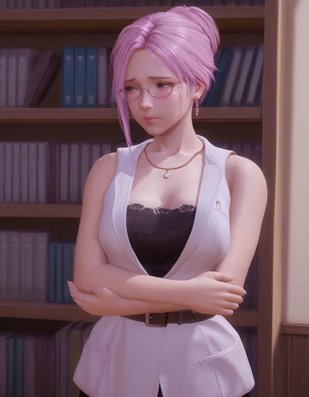 holding own arm, glasses, bookshelf, solo, shy, realistic,
<lora:Elise_vvp_lcd_v0.4:1> elivevvplcd, blue eyes, asymmetrical hair, hair bun, earrings,
strapless long dress, trim lace, black dress, belt, white sleeveless jacket, necklace,
masterpiece, best quality, amazing quality,