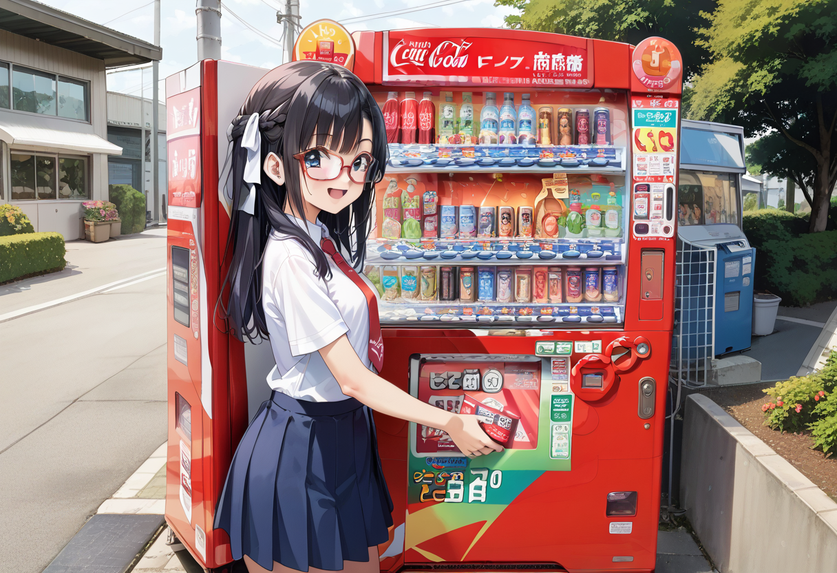 score_9, score_8_up, score_7_up, rating_safe, masterpiece, best quality, absurdres, unity 8k wallpaper, official art, official style, source_anime, uncensored, game cg, megami magazine,
1girl, solo, glasses, black hair, long hair, braid, hair ribbon, collared shirt, red necktie, short sleeves, pleated skirt, blue skirt, looking at viewer, blush, laughing, 
vending machine, outdoors, building, plant, road, day, coca-cola, utility pole
 <lora:jihanki_PONY_V1:1>