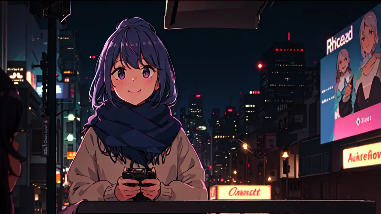masterpiece, high quality, bloom,depth of field, soft light,lens flare,close up,beautiful face,candid,cyberpunk, neon light,solo,potrait at center,eye glowing,city,shaded face, street lamp,ads billboard,holding face,1girl,blush,purple lighting,blue lighting,dark place, <lora:shimaRinYuruCamp_v10:1>,shima rin,bomber jacket,shawl,modern,smile,blush,candid