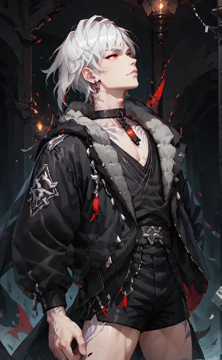 score_9_up, score_8_up, score_7_up, score_6_up, 1boy, solo, male focus, masculine, haste, slim, white hair, short hair, red eyes, pale white skin, tattoo, black jacket with grey fur trim, black choker with red cylinder gem pendant, black low cut undershirt, short shorts, belt, cross earring, partial portrait, dark fantasy art, grimdark, best_quality, masterpiece, dark cold color scheme, valorant style, dvs, head down, <lora:sxz-valorant-smol-v2-pdxl:0.2> <lora:Concept Art DarkSide Style LoRA_Pony XL v6:0.55> <lora:Haste_-_Epic_Seven_Pony-000009:0.85>
