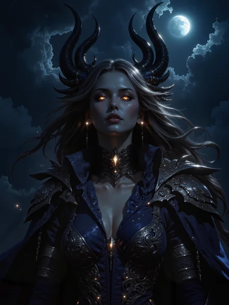 a highly detailed, masterful digital portrait painting of the stunning and majestic night goddess nyx with glowing amber eyes, set in a dark fantasy world under a brooding, cloudy night sky, the clouds are dark and dramatic, swirling with an ominous energy, her pale skin glows softly in the dim moonlight, highlighting her regal and ethereal beauty, she has long, flowing black hair cascading in elegant waves, adorned with intricate, symmetrical patterns of black, blue, and gold embellishing her ornate headpiece and armor. her face is perfectly framed by luxurious, masterfully crafted jewelry, delicate and shimmering with silver and gold accents, she wears an opulent dark blue velvet gown that drapes gracefully over her form, its silver and gold embroidery catching faint light, her armor is intricate and heavily detailed, featuring ornate, swirling designs that add an air of power and mystique, the lighting is soft and moody, like pale moonlight, focusing on her serene face and creating an atmospheric glow that contrasts beautifully with the dark background. the camera angle is low, emphasizing her commanding, otherworldly presence, her dreamy yet powerful expression is magnetic, and her glowing amber eyes—her most striking feature—radiate a faint golden light, contrasting vividly with her dark hair and subtle makeup, the makeup, though understated, highlights her mesmerizing eyes and soft, full lips, enhancing the sense of elegance and mystery. the background features a subtle gradient of deep blues and blacks, complementing the goddess's dark, gothic aesthetic, the atmosphere is moody and textured, with an emphasis on the interplay of light and shadow, the overall color palette leans toward cool, dark tones—deep blues, blacks, and golds—evoking a sense of majesty, power, and timeless beauty, the attention to texture and detail throughout the composition heightens the realism and adds depth to the painting, creating a scene that feels both elegant and otherworldly, zhongfenghuastyle, amanoer, <lora:style-zhong_feng_hua-flux-by_showevr:0.52> <lora:style-fantasy_and_scify-flux-by_artifyai:0.56> <lora:epic_gorgeous_details-character-flux-by_flyway:0.44> <lora:style-yoshitaka_amano-elden_ring-flux-by_alicient:0.4> <lora:style-midjourney_lucid_dreams-flux-by_kawaiikitsuneai:0.24>