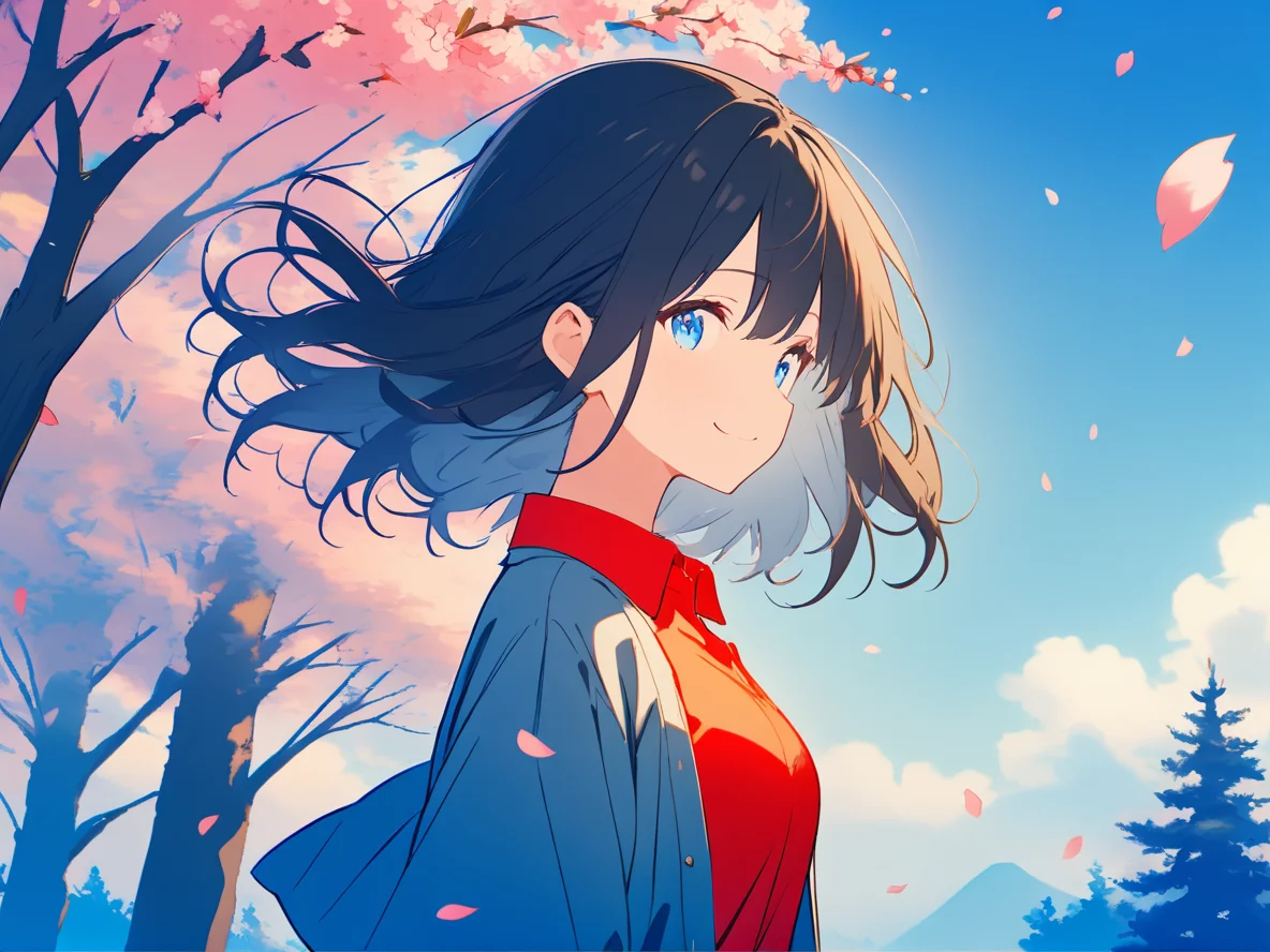 1girl,
solo, outdoors, cherry blossoms, shirt, from side, petals, arms at sides, falling petals, upper body, blue eyes, looking at viewer, day, blue sky, blue theme, wind, black hair, medium hair, collared shirt, branch, cloud, red shirt, faux traditional media, smile, profile, floating hair, sky, blue background, tree, closed mouth, long sleeves, spring \(season\),
masterpiece, best quality, safe
<lora:mki-ani31-TMND-v2-000050:1>