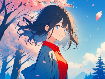 1girl,
solo, outdoors, cherry blossoms, shirt, from side, petals, arms at sides, falling petals, upper body, blue eyes, looking at viewer, day, blue sky, blue theme, wind, black hair, medium hair, collared shirt, branch, cloud, red shirt, faux traditional media, smile, profile, floating hair, sky, blue background, tree, closed mouth, long sleeves, spring \(season\),
masterpiece, best quality, safe
<lora:mki-ani31-TMND-v2-000050:1>
