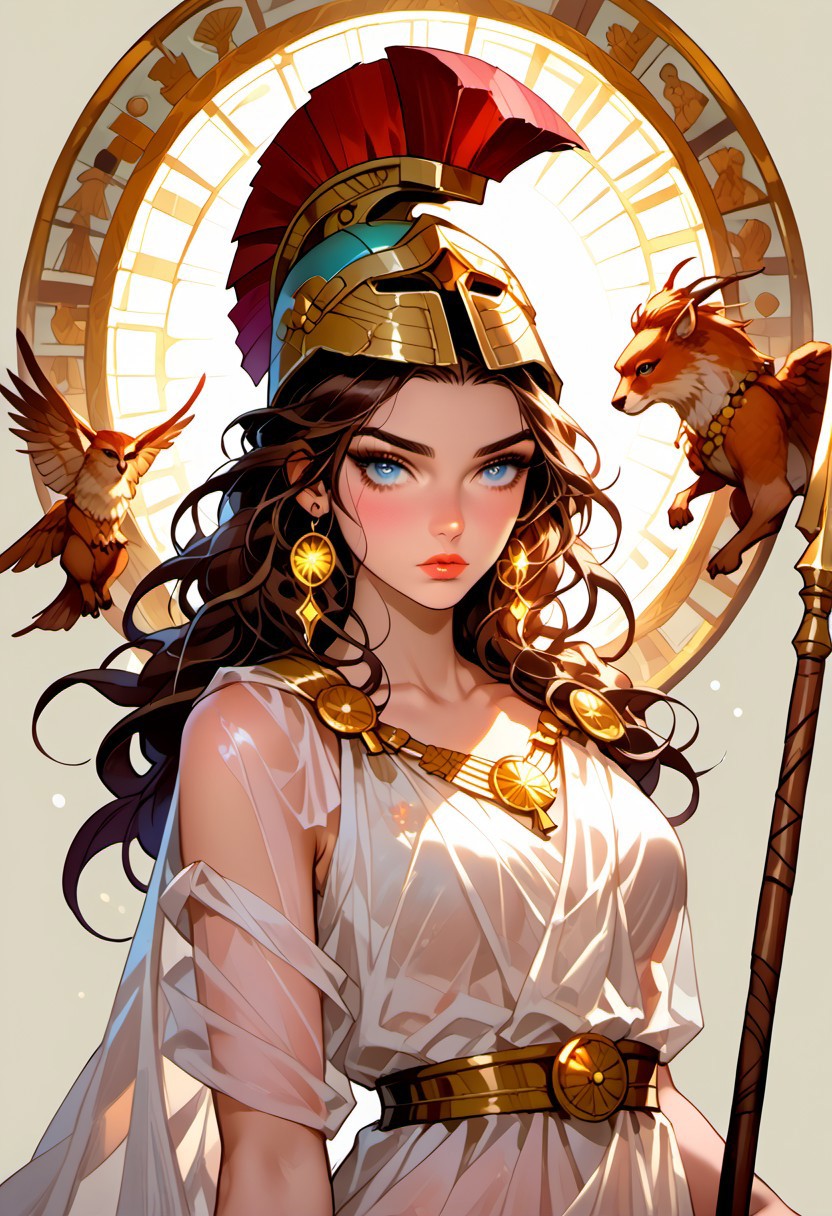 Stable_Yogis_PDXL_Positives, (score_9, score_8_up, score_7_up), ((zPDXL3)), ((zPDXLxxx)), ((Greek mythology style)), ((face focus, eye focus, dynamic angle, motion)), 1girl, solo, fantasy, (greek_athena, helmet ontop of head, brown hair, long hair, toga, armor, sandals), ((((sheer material, silk, semi-transparent clothes)))), (ancient greek clothes), (armor), (holding spear), lace, cape, breathless intimacy, tanned skin, petite model bombshell, heart, young, delicate features, narrow pointy nose, tiny nose, lust, big eyes, seductive eyes, blue eyes, detailed skin, flared lashes, mascara, makeup, perky huge breasts, athletic body, narrow waist, skinny hips, 
warm light, detailed, neon dark party
 BREAK
milky way, runes, arcane, astral, surreal, ethereal glow, masterpiece, best quality, intricate design. colorful, moonlit nightsky, stained glass aesthetic, moody whimsical color palette, murano glass, bold soldering lines, volumetric light shining through, crepuscular rays, intricate craftsmanship, detailed texture, luminous transparency, reflective light play, vivid hues, atmospheric depth, enchanting silhouette, art nouveau,