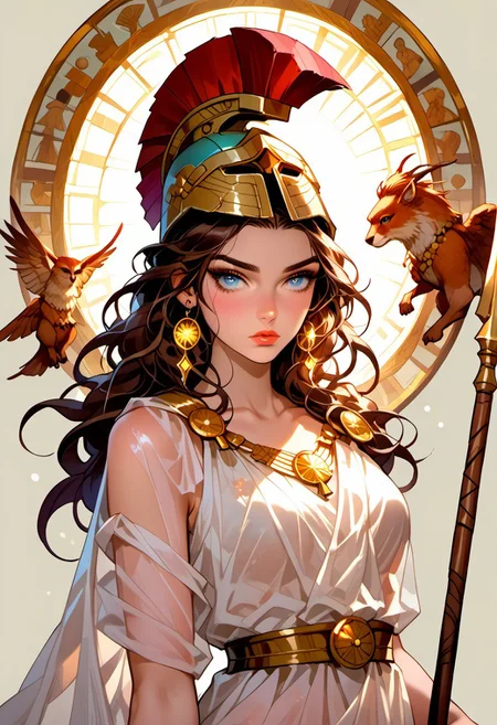 Stable_Yogis_PDXL_Positives, (score_9, score_8_up, score_7_up), ((zPDXL3)), ((zPDXLxxx)), ((Greek mythology style)), ((face focus, eye focus, dynamic angle, motion)), 1girl, solo, fantasy, (greek_athena, helmet ontop of head, brown hair, long hair, toga, armor, sandals), ((((sheer material, silk, semi-transparent clothes)))), (ancient greek clothes), (armor), (holding spear), lace, cape, breathless intimacy, tanned skin, petite model bombshell, heart, young, delicate features, narrow pointy nose, tiny nose, lust, big eyes, seductive eyes, blue eyes, detailed skin, flared lashes, mascara, makeup, perky huge breasts, athletic body, narrow waist, skinny hips,
warm light, detailed, neon dark party
BREAK
milky way, runes, arcane, astral, surreal, ethereal glow, masterpiece, best quality, intricate design. colorful, moonlit nightsky, stained glass aesthetic, moody whimsical color palette, murano glass, bold soldering lines, volumetric light shining through, crepuscular rays, intricate craftsmanship, detailed texture, luminous transparency, reflective light play, vivid hues, atmospheric depth, enchanting silhouette, art nouveau,
