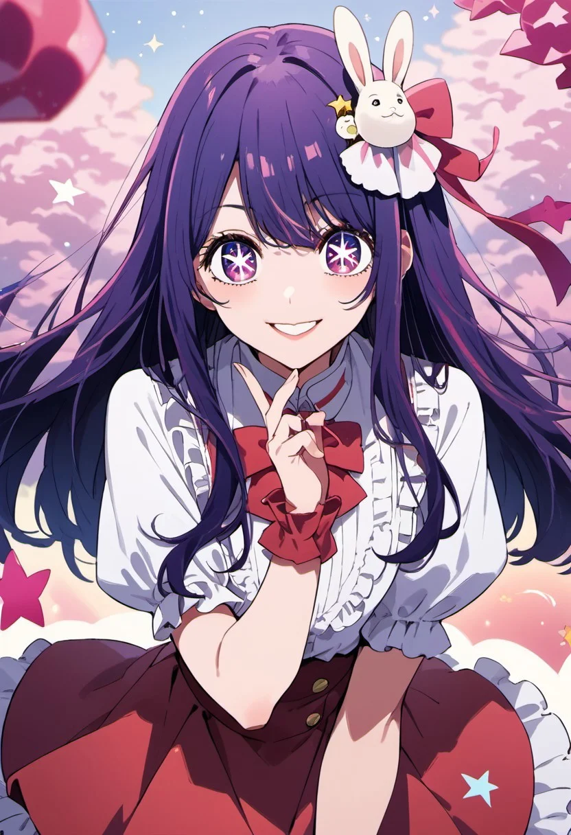 score_9, score_8_up, score_7_up, source_anime, hoshino ai, purple eyes, purple hair, star-shaped pupils, symbol-shaped pupils, 1girl, solo, skirt, long hair, smile, rabbit hair ornament, bow, hair ornament, red skirt, shirt, looking at viewer, frills