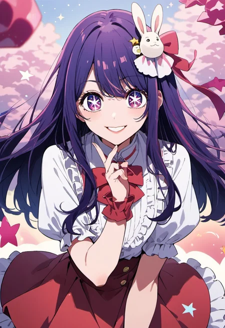 score_9, score_8_up, score_7_up, source_anime, hoshino ai, purple eyes, purple hair, star-shaped pupils, symbol-shaped pupils, 1girl, solo, skirt, long hair, smile, rabbit hair ornament, bow, hair ornament, red skirt, shirt, looking at viewer, frills