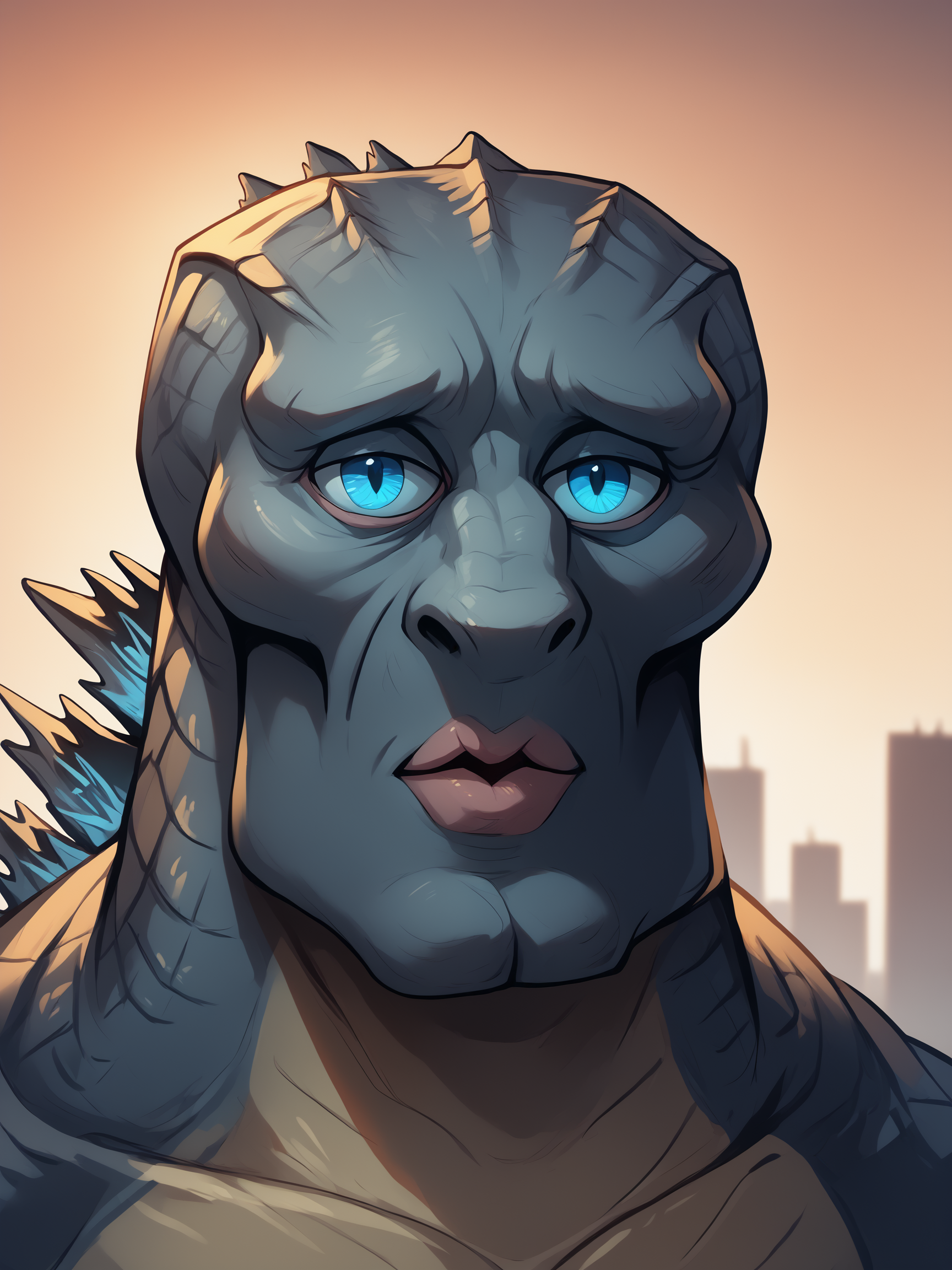 <lora:handsomize_x_pdxl_v1:1.2> <lora:Godzilla_PONY_XL_Ver:1> godzilla, spines, glowing blue eyes, atomic breath, open mouth, handsomize, portrait, closeup, looking at viewer, cityscape in background BREAK source_anthro, score_9, score_8_up, score_7_up, score_6_up, score_5_up, score_4_up