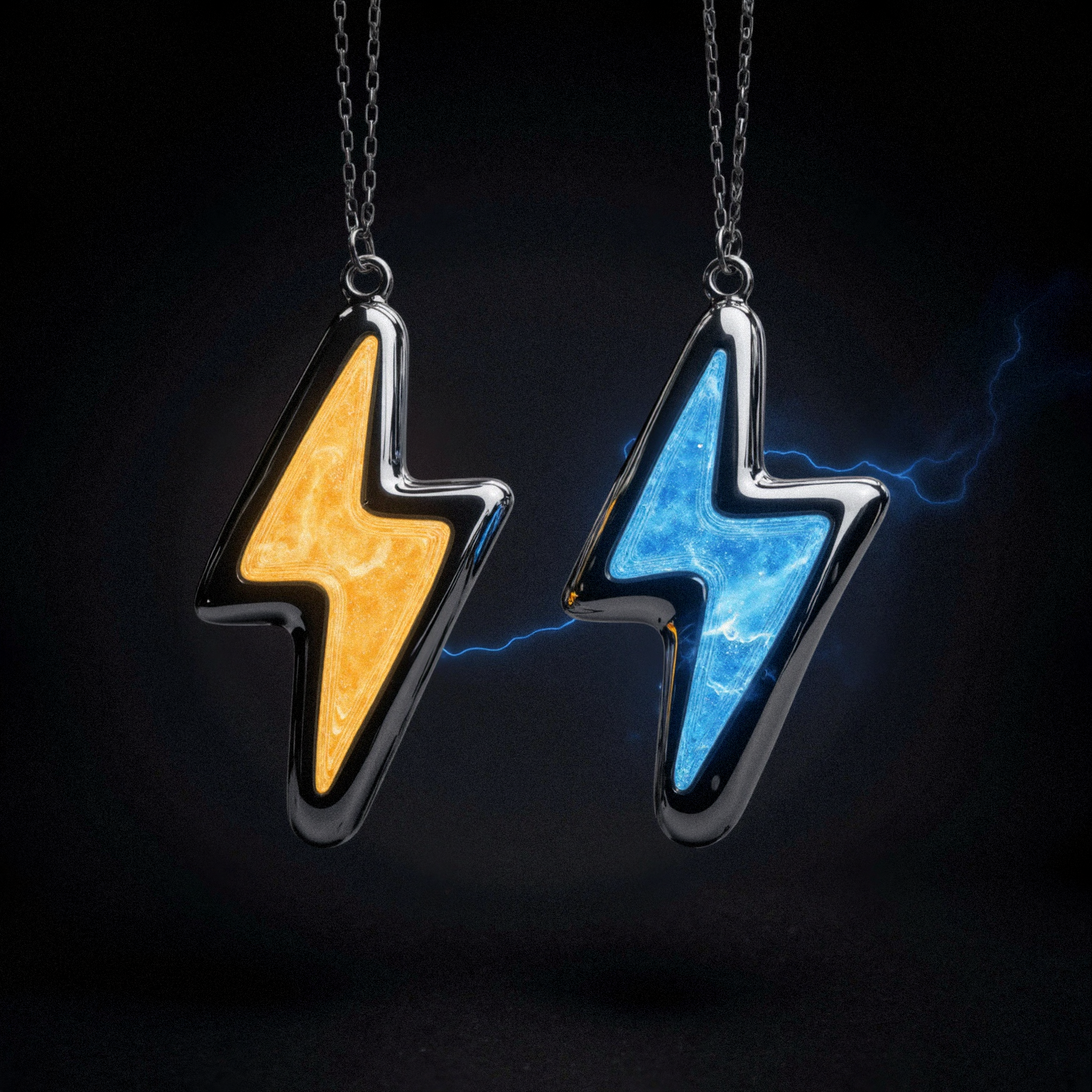 gstdrw, suchbuzzlogo,, In a dramatic, dimly lit studio setting, capture a striking portrait of two 3D chrome bolt icons suspended against a dark backdrop. The bolts are meticulously polished and feature vibrant electric accents - one radiating bright yellow lightning bolts, while the other blazes with brilliant blue lightning. This high-contrast scene would be reminiscent of fine art photography, specifically within the Bonafida style that emphasizes volumetric lighting effects to emphasize texture and depth., ,<lora:Flux\BUZZ_LOGO_Flux_Lora SuchBuzzLogo.safetensors:1.0:1.0> <lora:Flux\Studio Robots Flux_Lora in the style of Bonafida.safetensors:0.6:0.6>