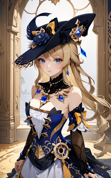 extreme detailed 1girl, masterpiece, ultra-detailed, an extremely delicate and beautiful, solo, navia /(genshin impact/), blue eyes, dress, detached sleeves, jewelry, hat, stay, indoors, <lora:Navia_XL_LoRA:1>, <lora:Desolation:0.5> <lora:aesthetic_anime_v1s:0.6>