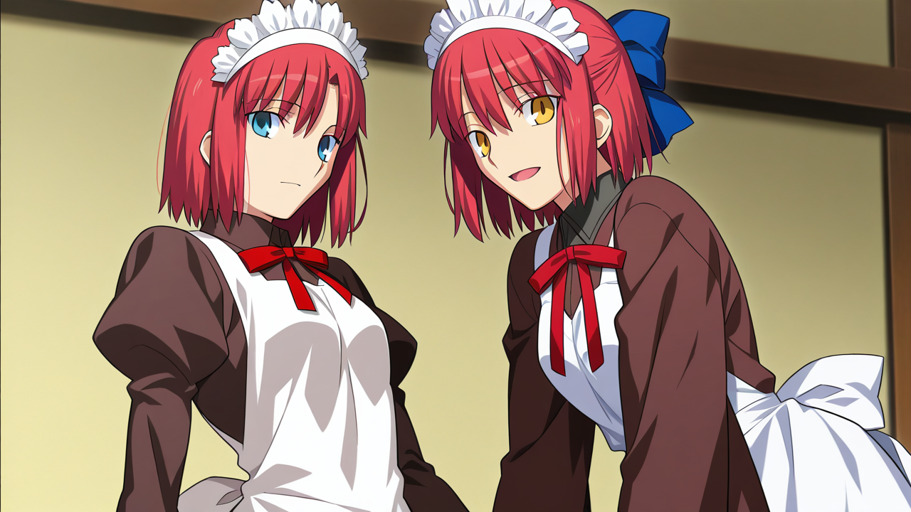 masterpiece, best quality, amazing quality, very aesthetic, absurdres, newest, anime screencap, <lora:kohakuILM:1>, kohaku (tsukihime), takeuchi takashi, yellow eyes, red hair, hair ribbon, blue ribbon, hair between eyes, short hair, sidelocks, bob cut, maid, maid apron, apron, white apron, kimono, brown kimono, japanese clothes, wa maid, puffy short sleeves, (hisui (tsukihime), blue eyes, red hair, short hair, bob cut, maid headdress, neck ribbon, red ribbon, juliet sleeves, twins, sisters, maid, maid apron, collared dress),