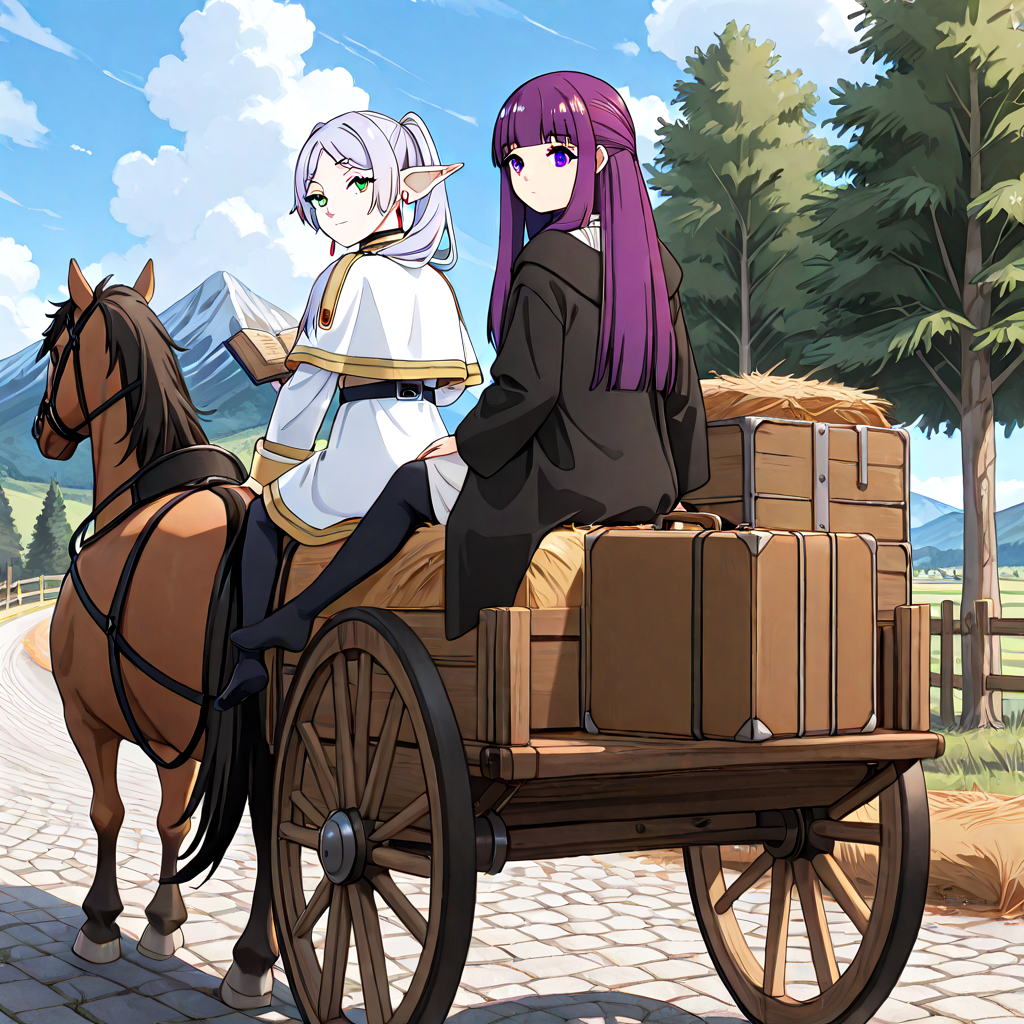 absurdres, sensitive, 2girls, frieren, fern, sitting, hay cart, hay, wagon, elf, grey hair, twintails, capelet, black pantyhose, purple hair, long hair, straight hair, white dress, long sleeves, robe, open book, holding book, suitcase, sky, cloud, tree, rural, fence, mountain, stone road, smile, expressionless, riding, shadow, looking back, from behind, horseback riding, horse, animal, sidesaddle, <lora:haycart_ilxl:1>