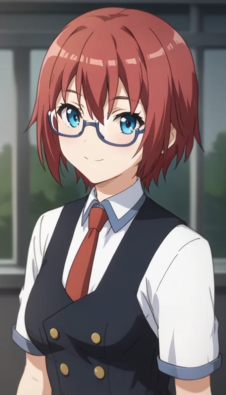 score_9,score_8_up,score_7_up,score_6_up BREAK official art,solo,outdoors,upper body,(portrait:1.5),looking at viewer,facing viewer,smile,blush,Misaki Raika,short hair,red hair,hair between eyes,bangs,blue eyes,semi-rimless_eyewear,school uniform,black vest,red necktie,white shirt,collared shirt,short sleeves,medium breasts,black pants,loafers,<lora:Misaki Raika(rt~ascc)-Pony:1.5>,