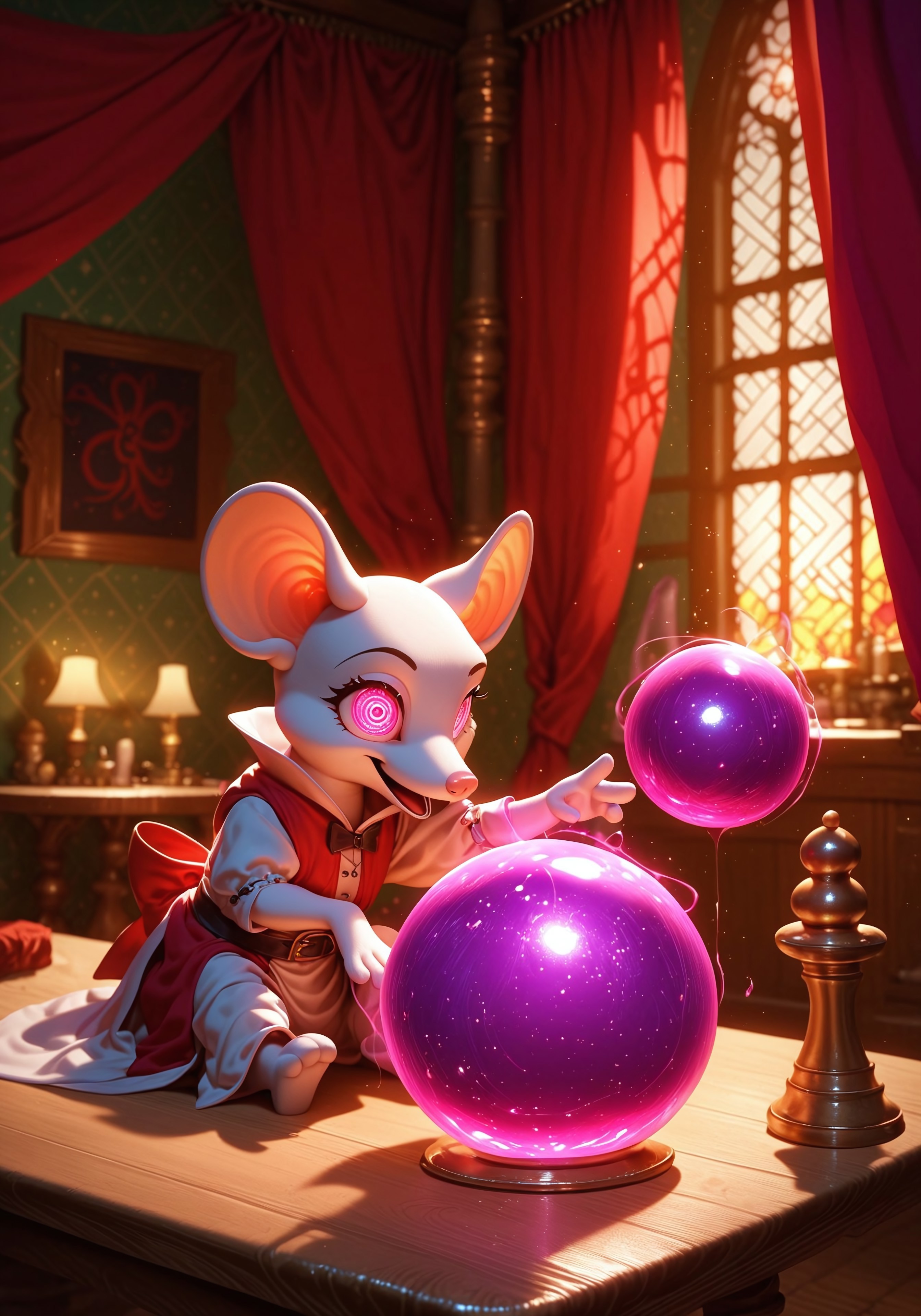 score_9, score_8_up, score_7_up, score_6_up, score_5_up, score_4_up, Expressiveh, g0th1c, zPDXL3, colorful, detailed, high quality, ((((blind mouse)))), cute mouse, animal, cartoon mouse, ((cartoony background)), ((wearing medieval robes)) ((seer mouse)), seer, (((small crystal ball on table))), magical colours, inside tent, fortune teller tent, inside, detailed background, from front, magical, alone, large blind eyes, huge blind eyes, hands on crystal balls, sitting behind table, magic inside crystal ball, swirling inside crystal ball, magic in air, dominant colours are purple and red, full mouse visible, transparent crystal ball, large mouse, small crystal ball, ((focus on mouse)), long robe, white robes, pink eyes, mesmerized eyes, in trance, magic around crystal ball, crazy eyes, swirly eyes, long sleeves, robe sleeves