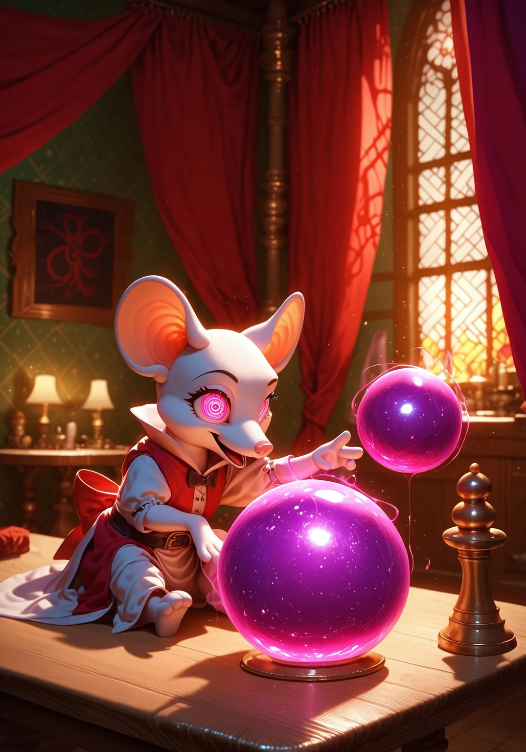 score_9, score_8_up, score_7_up, score_6_up, score_5_up, score_4_up, Expressiveh, g0th1c, zPDXL3, colorful, detailed, high quality, ((((blind mouse)))), cute mouse, animal, cartoon mouse, ((cartoony background)), ((wearing medieval robes)) ((seer mouse)), seer, (((small crystal ball on table))), magical colours, inside tent, fortune teller tent, inside, detailed background, from front, magical, alone, large blind eyes, huge blind eyes, hands on crystal balls, sitting behind table, magic inside crystal ball, swirling inside crystal ball, magic in air, dominant colours are purple and red, full mouse visible, transparent crystal ball, large mouse, small crystal ball, ((focus on mouse)), long robe, white robes, pink eyes, mesmerized eyes, in trance, magic around crystal ball, crazy eyes, swirly eyes, long sleeves, robe sleeves