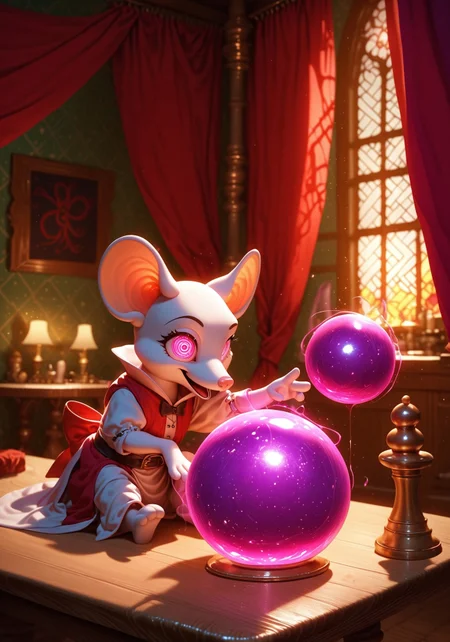 score_9, score_8_up, score_7_up, score_6_up, score_5_up, score_4_up, Expressiveh, g0th1c, zPDXL3, colorful, detailed, high quality, ((((blind mouse)))), cute mouse, animal, cartoon mouse, ((cartoony background)), ((wearing medieval robes)) ((seer mouse)), seer, (((small crystal ball on table))), magical colours, inside tent, fortune teller tent, inside, detailed background, from front, magical, alone, large blind eyes, huge blind eyes, hands on crystal balls, sitting behind table, magic inside crystal ball, swirling inside crystal ball, magic in air, dominant colours are purple and red, full mouse visible, transparent crystal ball, large mouse, small crystal ball, ((focus on mouse)), long robe, white robes, pink eyes, mesmerized eyes, in trance, magic around crystal ball, crazy eyes, swirly eyes, long sleeves, robe sleeves