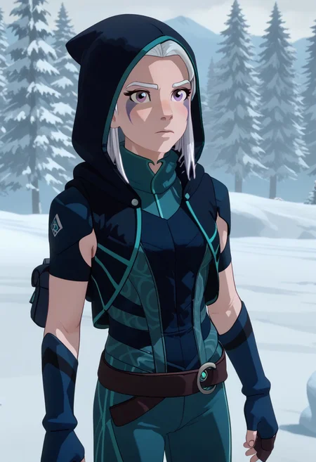 Score_9, Score_8, Score_7, TDPStyle, solo, outside, winter, Rayla, White Hair, RayFacepaint, Colored Skin, gloves, solo, Raybodysuit, Hooded