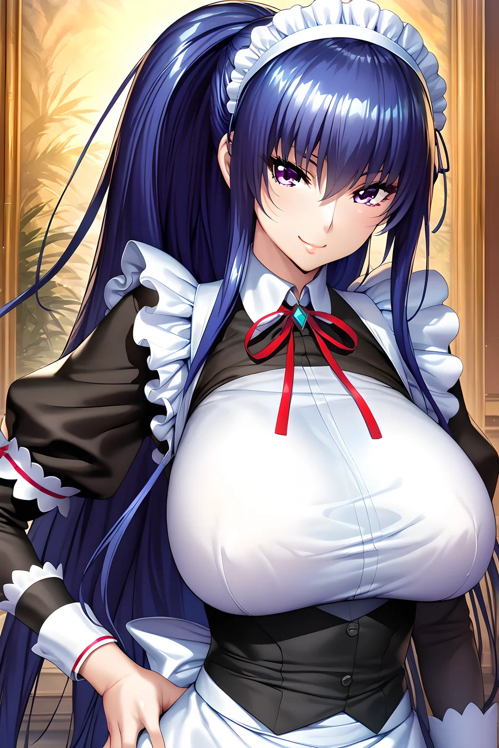 (masterpiece),(best quality),(ultra-detailed),(best illustration),(best shadow),(absurdres),(detailed background),(very aesthetic)akiyama rinko, 1girl, solo, long hair, maid, breasts, blue hair, maid headdress, purple eyes, smile, hand on hip, smile, upper body view, <lora:Akiyama_Rinko_ç§å±±åå_-_Taimanin_RPGX_対éå¿RPGX_-_SDXL_Animagine_XL_3.1-10epoch:1>