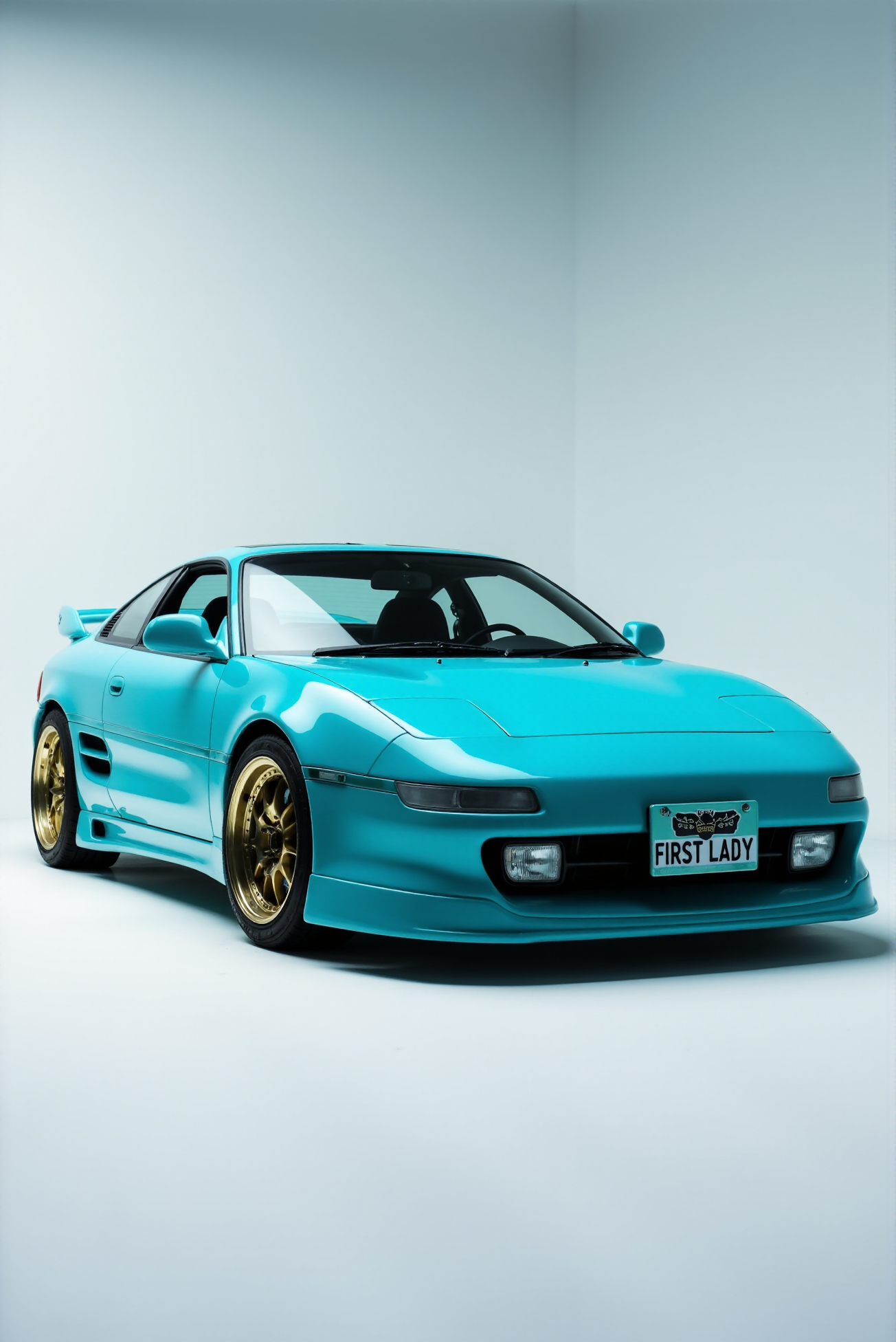 <lora:Toyota_MR2_SW20:0.8>
A turquoise Toyota MR2 (SW20) from the late 1990s showcased in a pristine studio setting, lowrider stance emphasizing its curvaceous aerodynamic body and sculpted side panels, gleaming whitewall tires wrapped around polished five-spoke chrome rims, aggressive front fascia with oval headlights under soft studio diffusion, large hood scoop and side mirrors reflecting ambient cool-toned lighting, subtle wide-body kit blending into the fenders, smoked glass canopy-style windshield with a gradient blue tint, vanity license plate reading âFIRST LADYâ mounted below a custom front splitter, rear spoiler arching in streamlined symmetry with the fastback silhouette and rear diffuser DoubleStream Style Layer: hyper-realistic studio photography with cinematic three-point lighting, ultraclean gradient backdrop, chrome and gloss-black textures rendered in HDR precision, color palette of turquoise, silver, and carbon fiber black with triadic accents of lemon gold and cool blue, late-1990s JDM performance aesthetic merged with lowrider culture cues, low-angle Dutch tilt perspective to amplify stance and curvature, pearl gloss paint contrasting with matte rubber and carbon fiber inlays