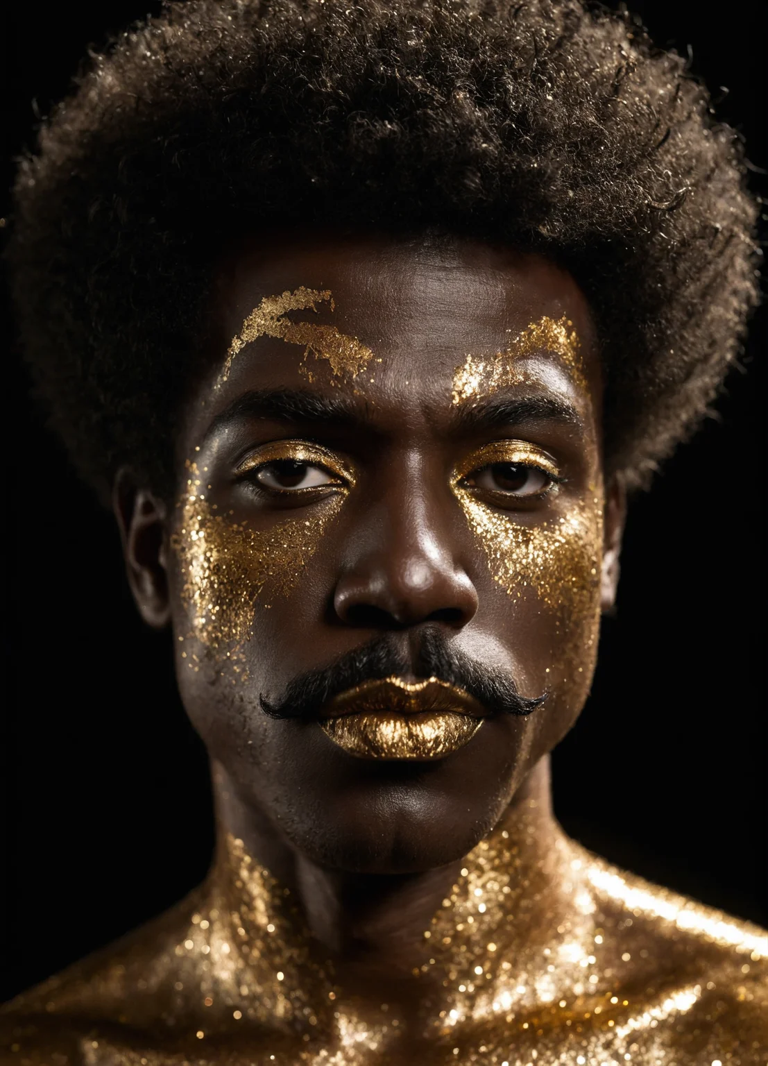 man, mustache, glitterstyle,make-up, highly detailed, dark skin, wild, afro, white, gold, silver,black background, dark, strong backlight, upper body,
<lora:GlitterStyle_sdxl:0.6>