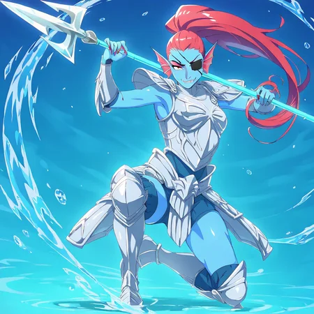 masterpiece, best quality, newest, absurdres, highres, anime, anime style, DPDV1.0, dynamic pose, polearm, holding polearm, holding weapon, weapon, 1girl, undyne, eyepatch, head fins, red hair, blue skin, blue colored skin, colored skin, armor, spear, holding spear