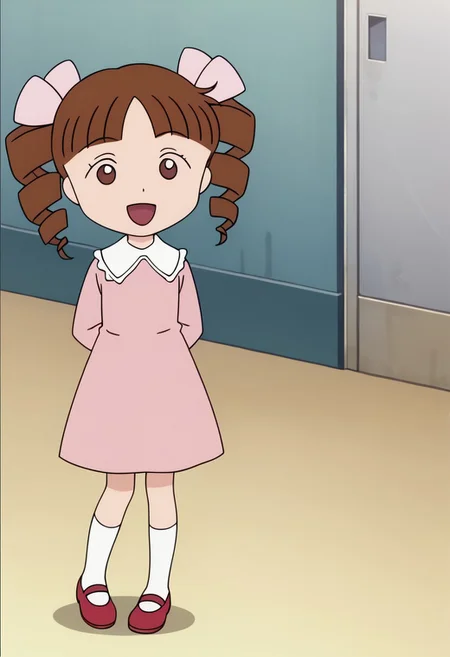 score_9, score_8_up, score_7_up BREAK HimekoJ, 1girl, brown hair, hair drills, blunt bangs, brown dot eyes, light pink ribbons, white-collared long-sleeved light pink dress, white socks, white mary-jane shoes, screenshot, official art, parody, anime footage, official design, screencap, anime screenshot, official screenshot, 2d, anime, source_anime, happy dancing, full body,