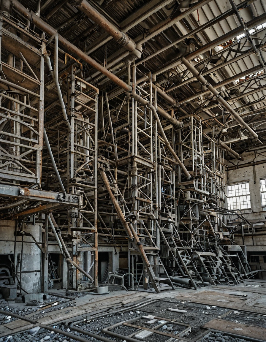 <lora:City_Worlds_02_Lost_Indusinc:1> photo, cw02lost, indoors, abandoned, industrial, metal, rusty, structure, beams, staircase, decay, abandoned, architecture, factory, pipes, weathered, grunge, steel, corrosion, ladders, scaffolding, mechanical, urban, exposed