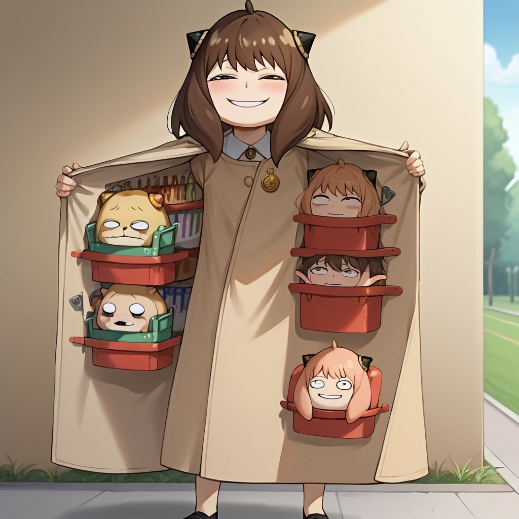 score_9, score_8_up, score_7_up, score_8, score_7, ,source_anime,rating_questionable,1girl, solo, outdoors, (m3rch4nt:1.5), standing, red trench coat, open coat, An_ya, (Anya Forger \(Spy X Family\) selling Small Anya Forger:1.2), brown hair, selling Anya Forger (Spy X Family), IncrsAnyasHehFaceMeme, (short:1.9), (Tiny Anya faces inside her coat, anyaball merchandise:1.5)