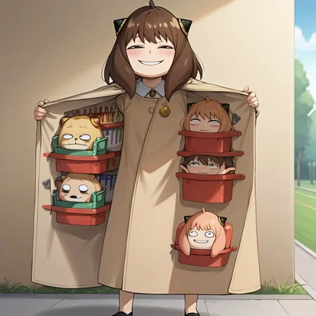 score_9, score_8_up, score_7_up, score_8, score_7, ,source_anime,rating_questionable,1girl, solo, outdoors, (m3rch4nt:1.5), standing, red trench coat, open coat, An_ya, (Anya Forger \(Spy X Family\) selling Small Anya Forger:1.2), brown hair, selling Anya Forger (Spy X Family), IncrsAnyasHehFaceMeme, (short:1.9), (Tiny Anya faces inside her coat, anyaball merchandise:1.5)
