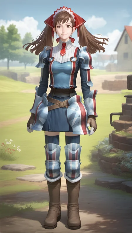 score_9,score_8_up,score_7_up,
<lora:aliciamelchiott:0.9>,
aliciamelchiot,
awakened valkyria,
realistic,
1girl,solo,
brown hair,twintails,
brown eyes,looking at viewer,smile,
military uniform,white collar,red necktie,brown gloves with fur trim,brown belt,dark blue skirt,dark blue thighhighs,knee boots with fur trim,
full body,
blurry background,bloom,lights particle,outdoors,countryside,vignetting,particle effects,lens flare,